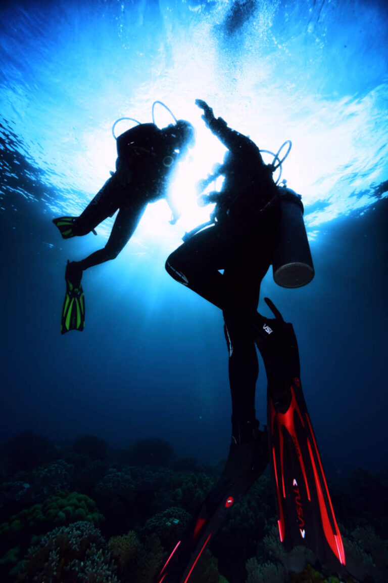 Photo of 2 divers working on neutral buoyancy during PADI Open water course in Bali with BALI AQUA DIVE CENTER