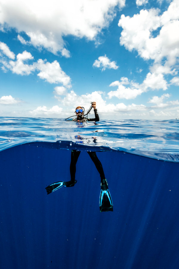 Diver starting a dive in bali dive site, going down with fish eyes objectif Air-Water photo