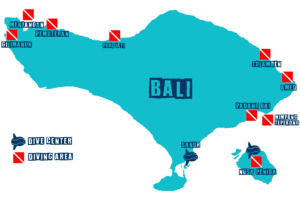 Map of Bali with all dive site area, Nusa Penida & Lembongan, Padang bai, Tulamben, Amed, Mimpang tepekong, Pemuteran, Menjangan, Gilimanuk, puri jatih.