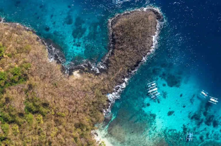 Blue lagoon dive site view from aerial drone in Padang Bai