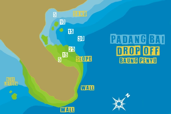 Map of dive site Drop off - baung penyu in Padang Bai, topography and depth