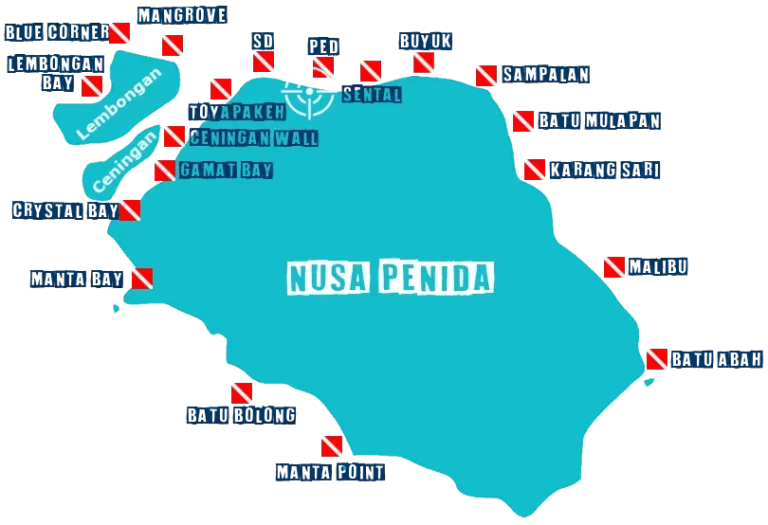Map of Nusa Penida, Nusa Lembongan, and Nusa Ceningan dive sites in Bali. All Nusa Penida dive spots