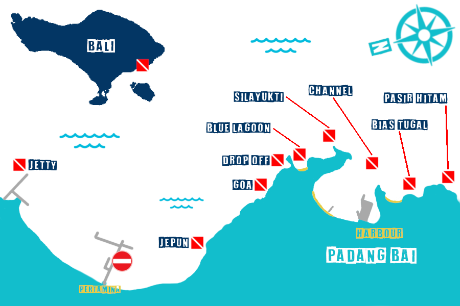 Padang bai & Amuk bay general map with dive sites point and names: Jetty, jepun, goa, baung penyu, blue lagoon, silayukti shark point, channel, bias tugal, white sand beach.