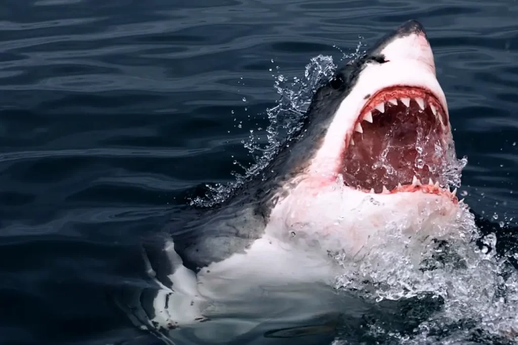A great white shark swims gracefully through clear blue ocean waters, its sleek, powerful body and sharp, pointed snout clearly visible against the underwater backdrop.