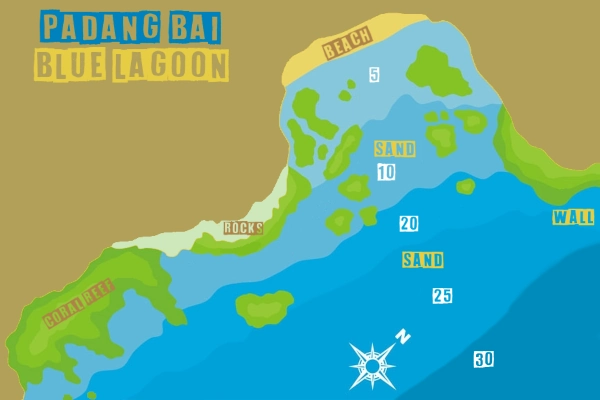 Map of Blue lagoon dive site in Padang Bai, description with depth and topography, coral reef, wall, sandy bottom part.