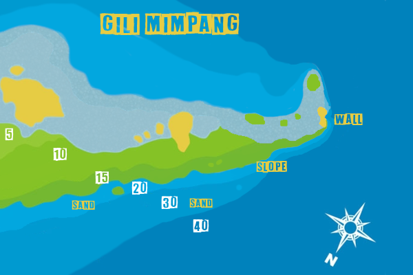 Gili Mimpang dive site map, with depth, topography, slope and wall - Bali diving dive site map