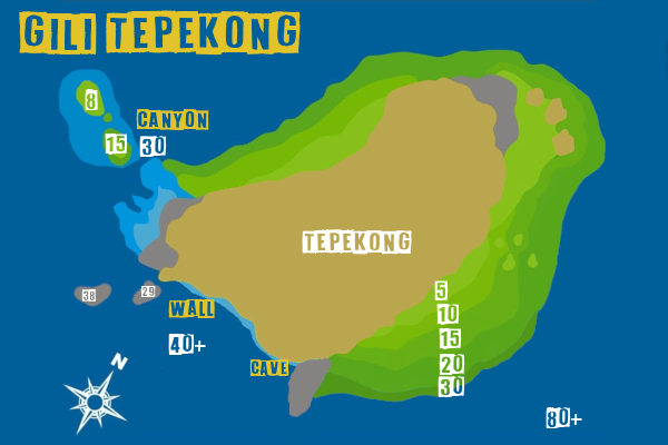 Gili Tepekong dive site map, with depth, topography - Bali diving dive site map