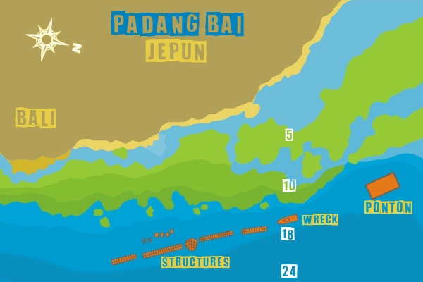Map of Jepun dive site in Padang Bai, description with depth and topography