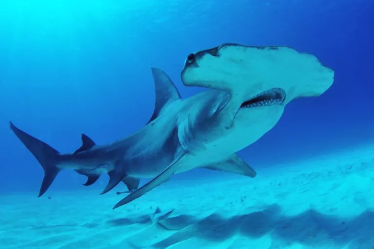 A hammerhead shark with its mouth open, showing its T-shaped head