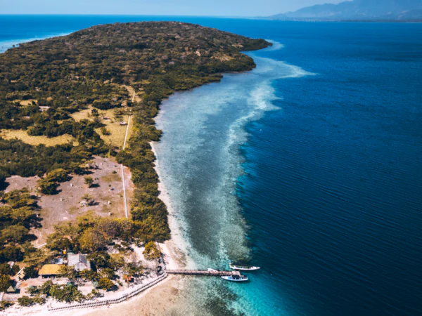 Aerial view of POS 1 with mangrove dive site at the back in Menjangan Island - Bali
