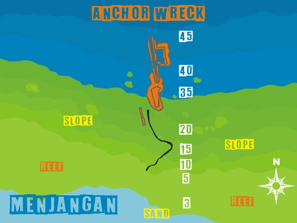 Map of Anchor wreck dive site in Menjangan Island - Bali